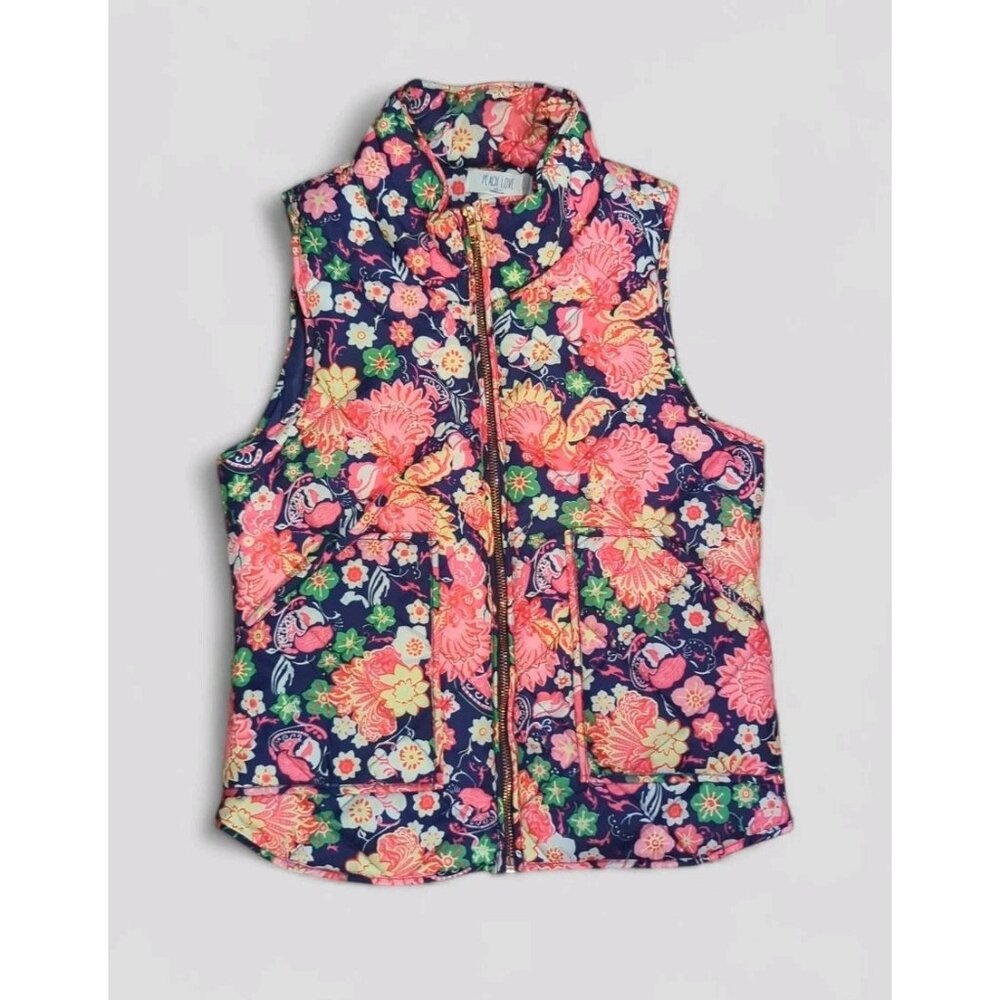 Peach Love California Womens Floral Puffer Vest Small Full Zip 2 Front Pockets